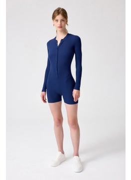 Los Ojos x Melodi Navy Blue Ribbed Long Sleeve Short Jumpsuit Romper  - Image 2