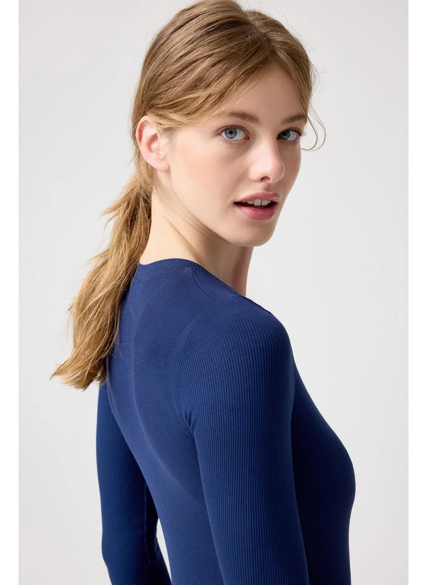 Los Ojos x Melodi Navy Blue Ribbed Long Sleeve Short Jumpsuit Romper