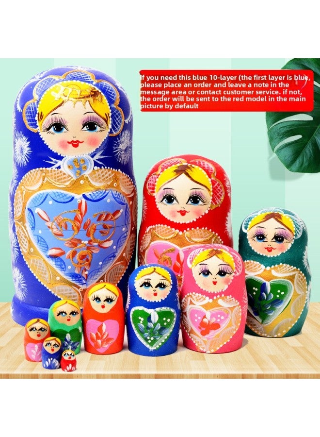 Yc 6-Layer 10-Layer Classic Russian Matryoshka Doll Hand-Painted Xiko Internet Celebrity Exquisite Toy Basswood Wood Bag-Color:10 Layers Of Classic Blue Peach Heart, The First Layer 21cm High)