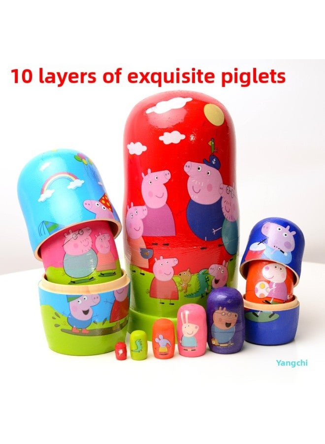 Yc 6-Layer 10-Layer Classic Russian Matryoshka Doll Hand-Painted Xiko Internet Celebrity Exquisite Toy Basswood Wood Bag-Color:10 Layers Of Classic Blue Peach Heart, The First Layer 21cm High)