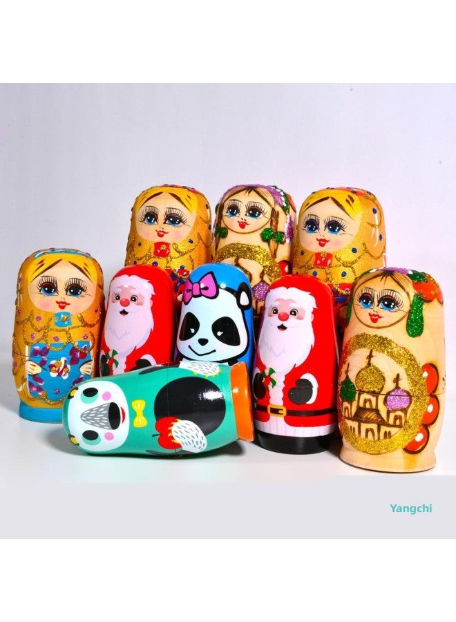 Yc 6-Layer 10-Layer Classic Russian Matryoshka Doll Hand-Painted Xiko Internet Celebrity Exquisite Toy Basswood Wood Bag-Color:10 Layers Of Classic Blue Peach Heart, The First Layer 21cm High)