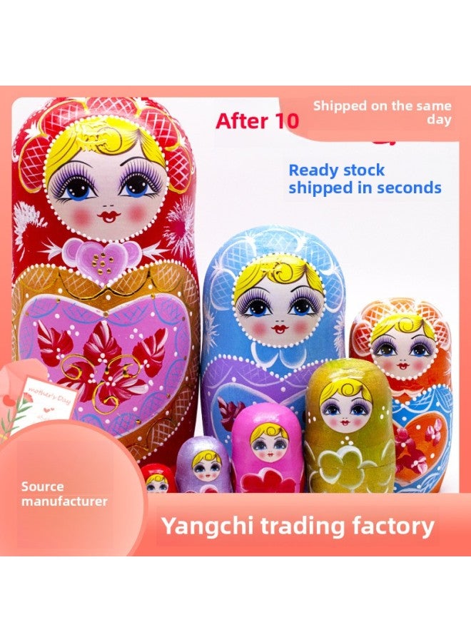 Yc 6-Layer 10-Layer Classic Russian Matryoshka Doll Hand-Painted Xiko Internet Celebrity Exquisite Toy Basswood Wood Bag-Color:10 Layers Of Classic Blue Peach Heart, The First Layer 21cm High)