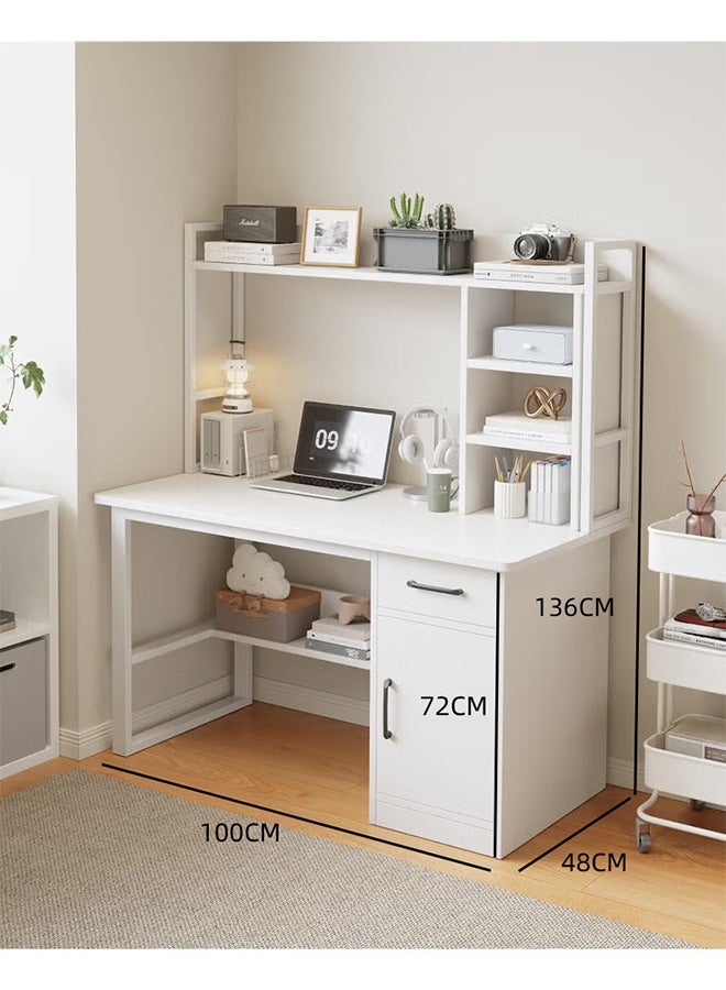 مكتب الكمبيوتر مع رف تخزين متعدد الطبقات ، مكتب مكتب متكامل متعدد الوظائف ، مكتب الدراسة المنزلية مكتب اللعبة ، مكتب الكتابة مع الدرجات وخزانة التخزين (أبيض 100 * 48 * 136 سم) - Image 3