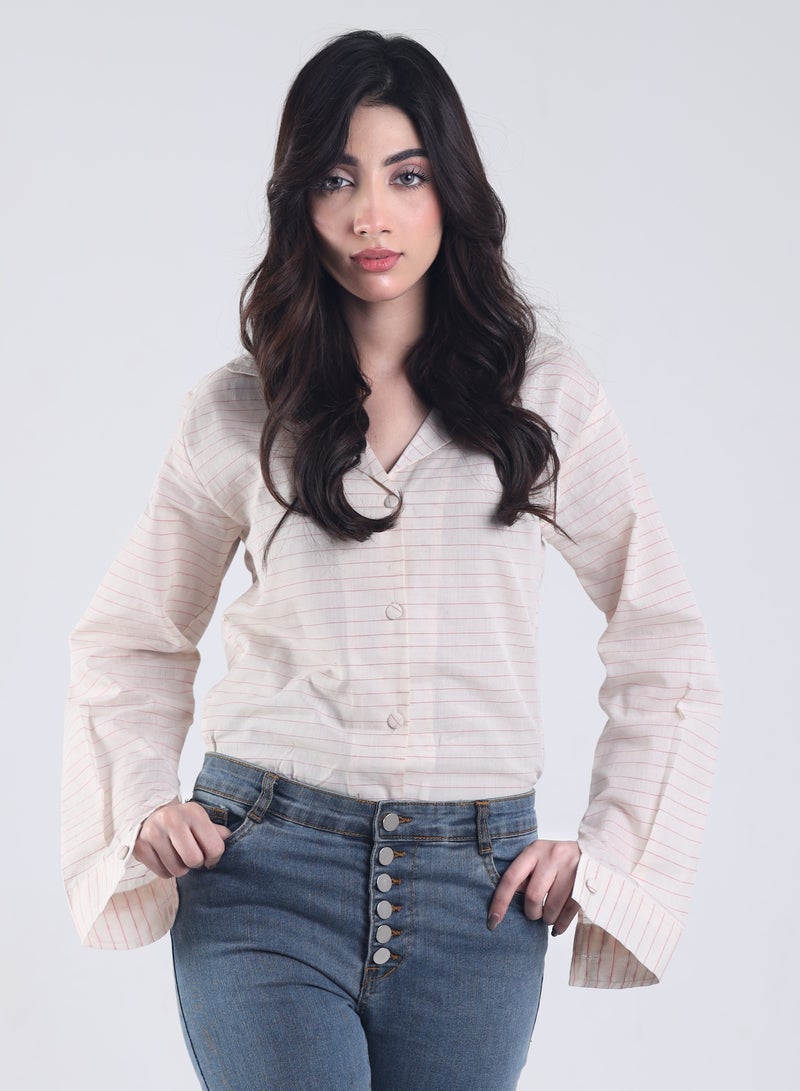 Ambittrends Striped V-Neck Shirt with Buttoned Bell Cuffs - Image 1