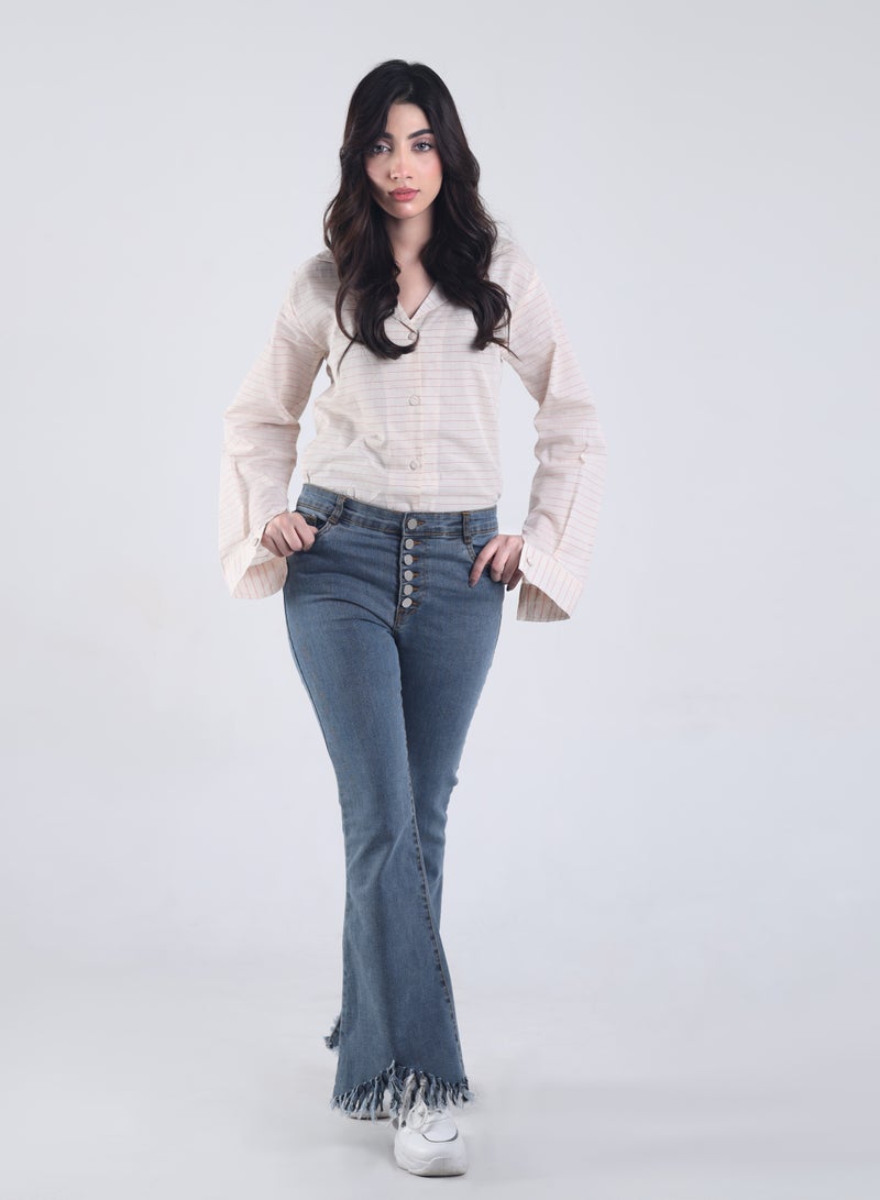 Ambittrends Striped V-Neck Shirt with Buttoned Bell Cuffs - Image 2