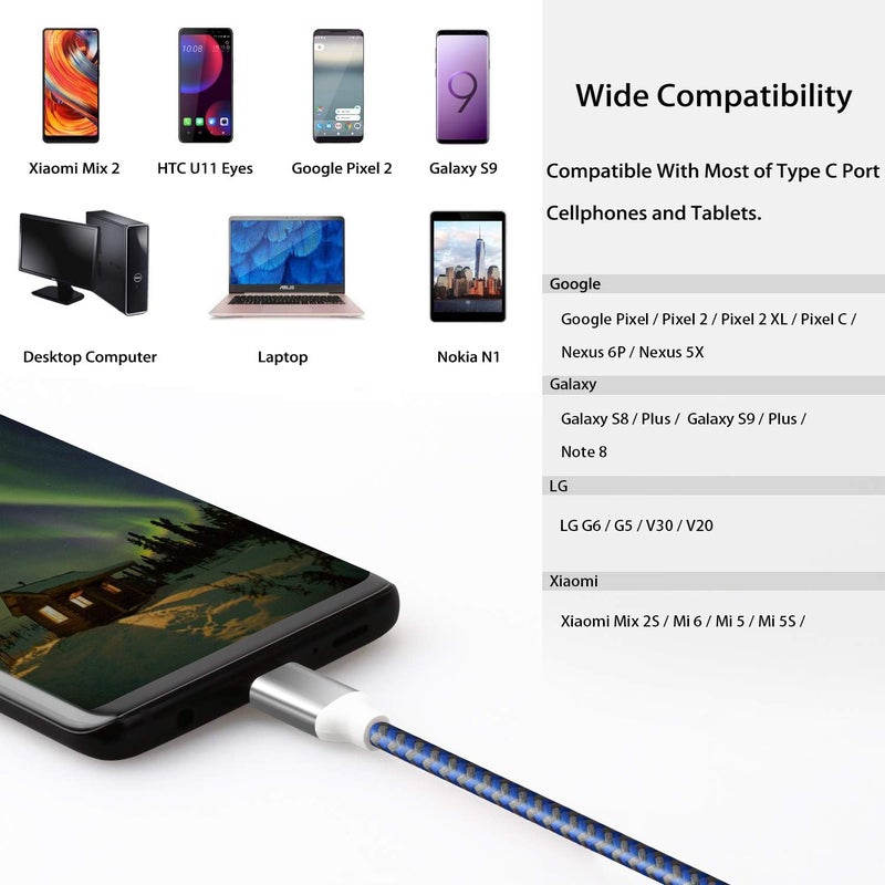 Fasgear USB to USB C Cable 10ft, 3 Pack Long Type C Cable Nylon Braided Fast Charging Compatible with Galaxy Note 8 9 S8/S9/S10/S10+, LG V20/G6 and More (Blue/Purple/Pink) - Image 5