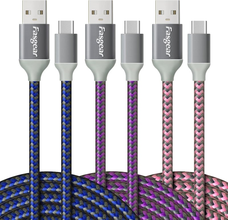 Fasgear USB to USB C Cable 10ft, 3 Pack Long Type C Cable Nylon Braided Fast Charging Compatible with Galaxy Note 8 9 S8/S9/S10/S10+, LG V20/G6 and More (Blue/Purple/Pink) - Image 1