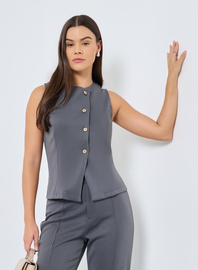 Styli Round Neck Fitted Buttoned Vest - Image 1