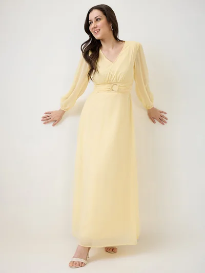 globus Women Yellow V-Neck Bishop Sleeves Smocked Fit & Flare Maxi Party Dress