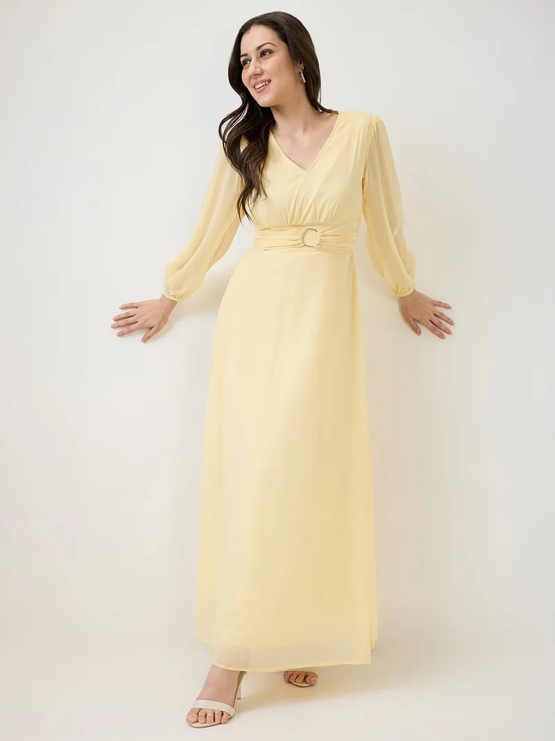 globus Women Yellow V-Neck Bishop Sleeves Smocked Fit & Flare Maxi Party Dress