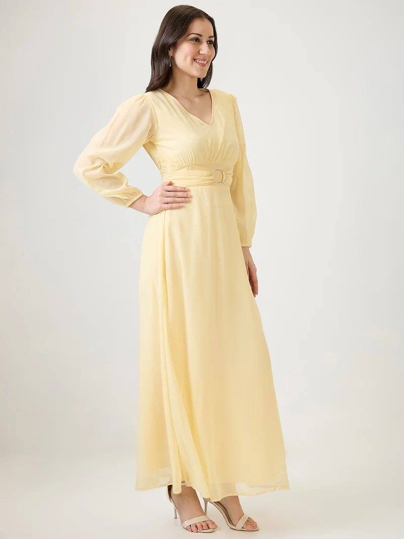 globus Women Yellow V-Neck Bishop Sleeves Smocked Fit & Flare Maxi Party Dress