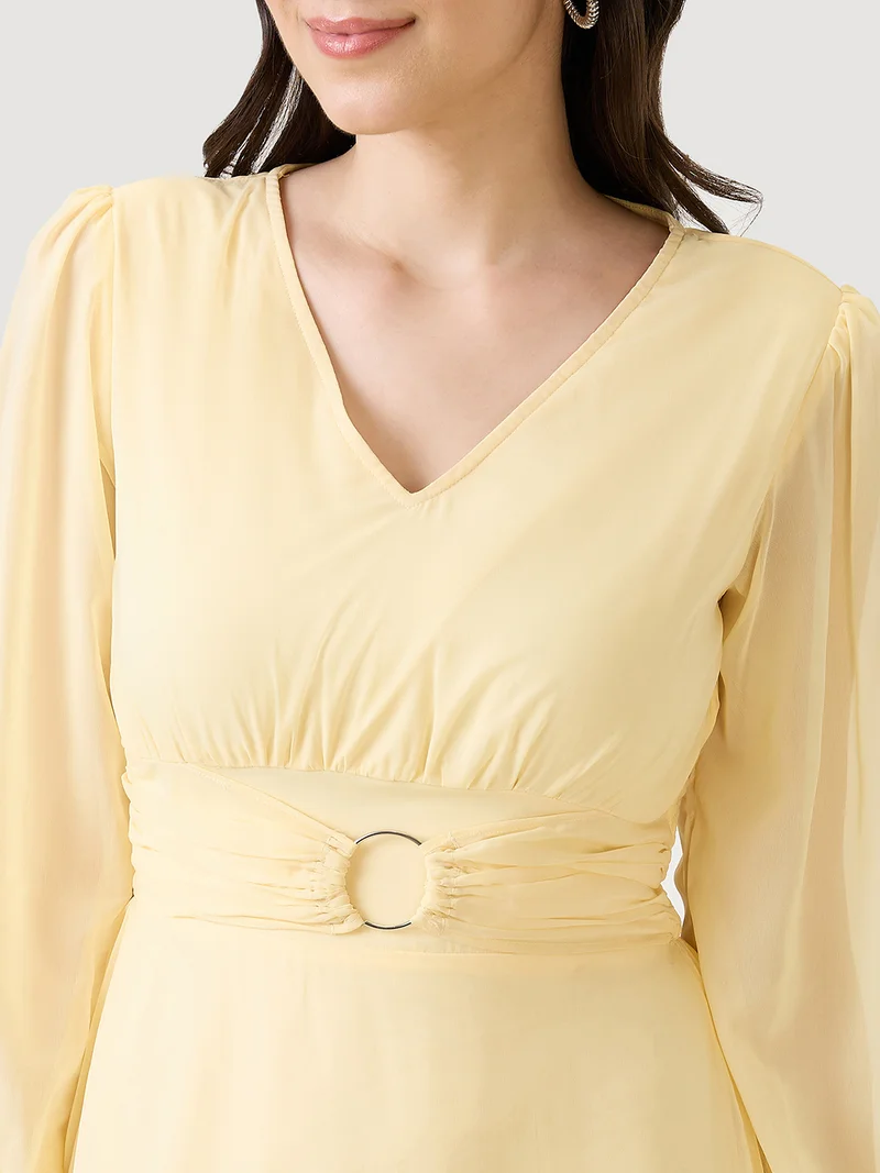 globus Women Yellow V-Neck Bishop Sleeves Smocked Fit & Flare Maxi Party Dress