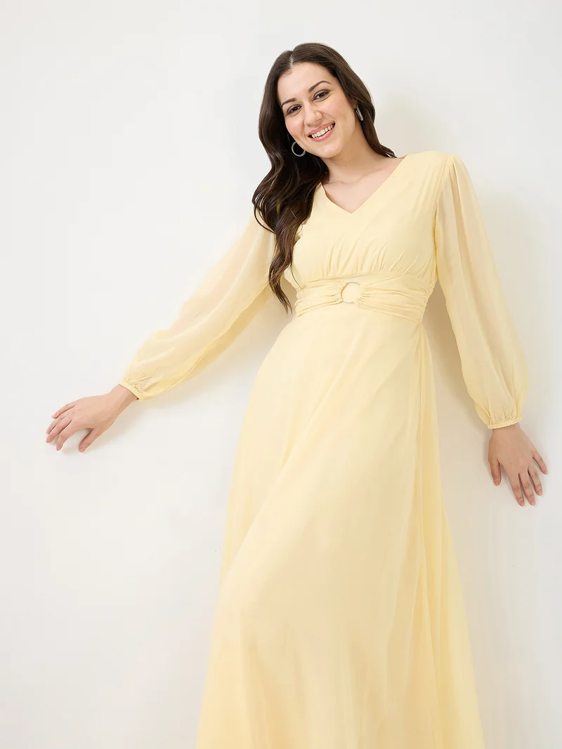 globus Women Yellow V-Neck Bishop Sleeves Smocked Fit & Flare Maxi Party Dress