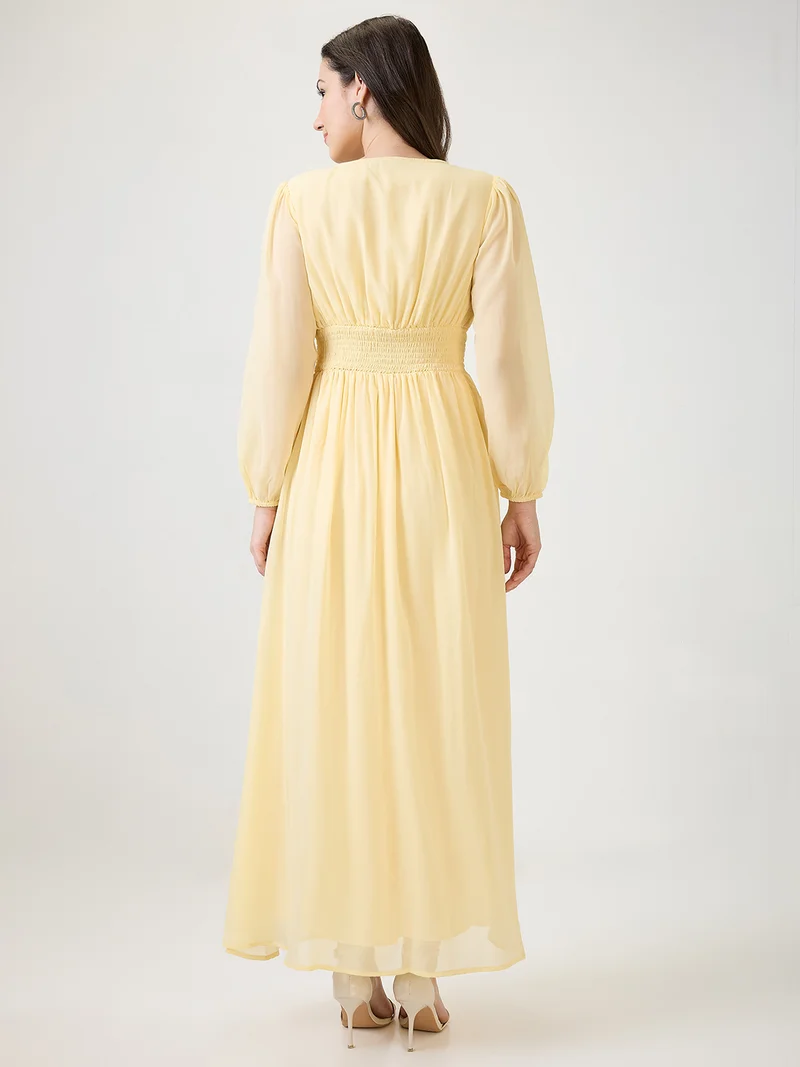 globus Women Yellow V-Neck Bishop Sleeves Smocked Fit & Flare Maxi Party Dress