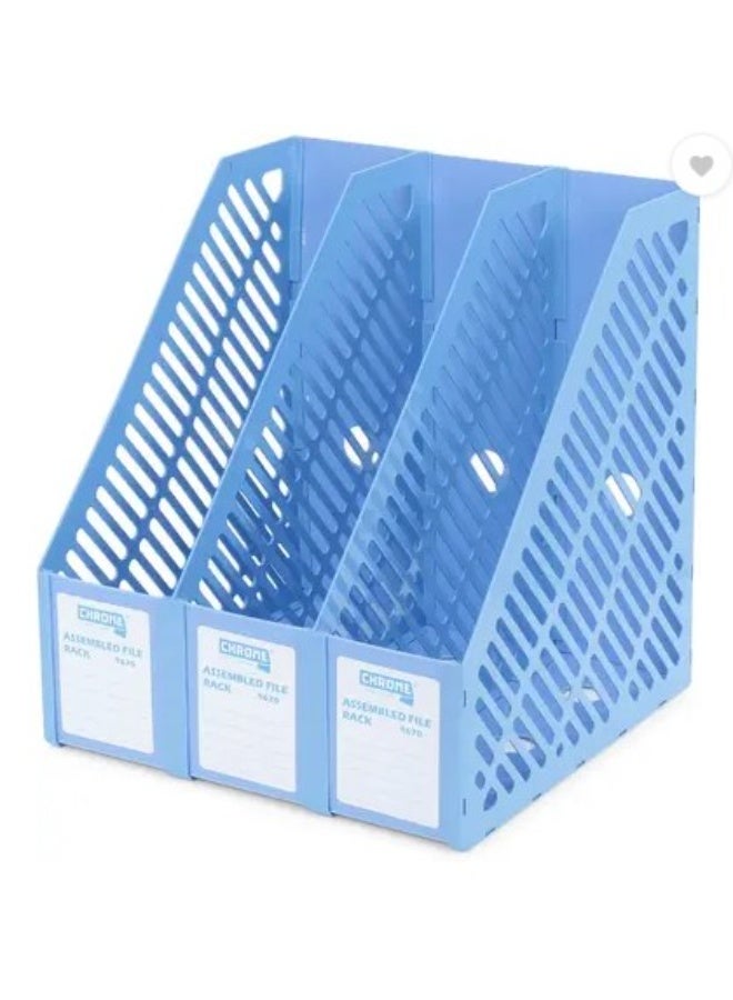 chrome 3 Compartments Plastic Assembled File Rack For Paper Holder Desktop, File Holders Organizer Box  (Blue) - Image 1