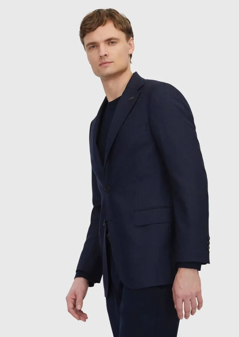 RAMSEY Navy Blue Patterned Regular Fit 100% Wool Jacket