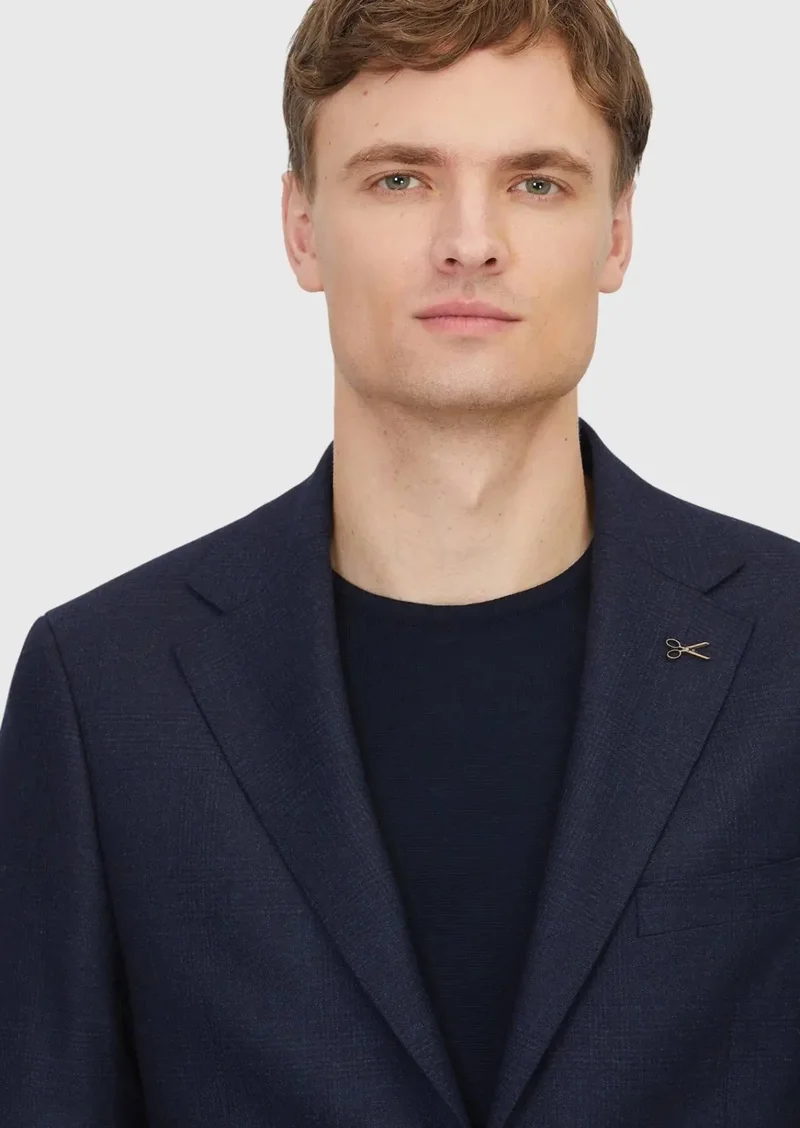 RAMSEY Navy Blue Patterned Regular Fit 100% Wool Jacket