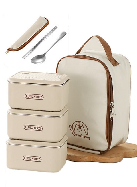 Microwaveable Thermal Lunch Box, Portable Insulated Lunch Containers With Bag, Leakproof Stackable Stainless Steel Food Container For Adults, Kids, Set of 3 Tier Insulated Bento Boxes (Off-white)