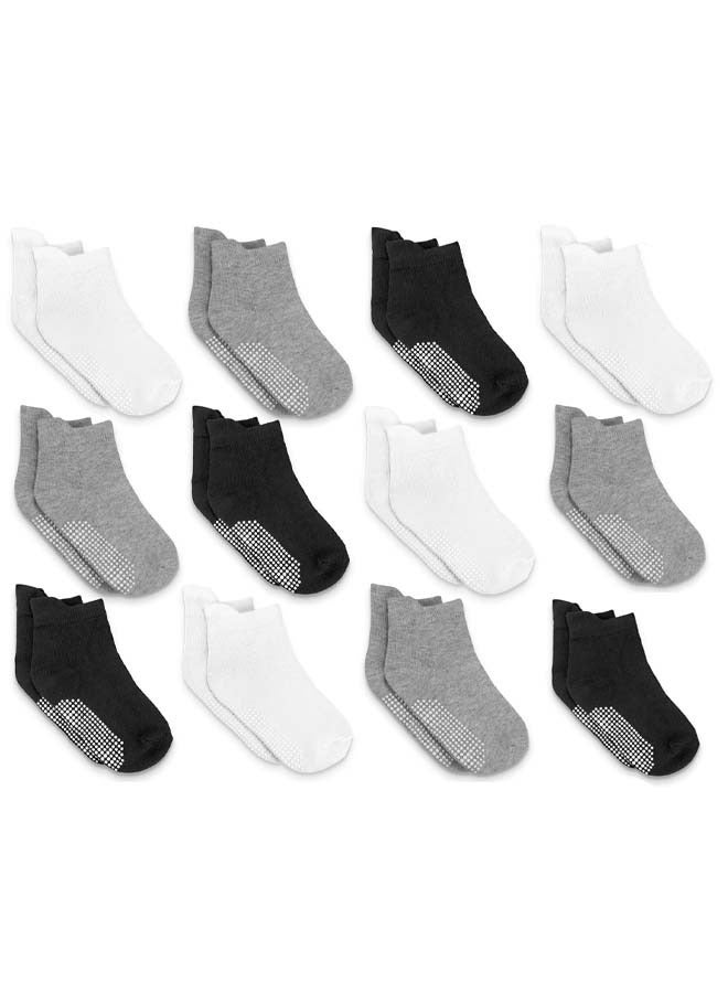 VIUAUAX 12 Pairs Anti Slip Baby Ankle Socks with Non Skid Grips for Toddler Kids Boys Girls,Baby Non Slip Socks, Baby Non Slip Cotton Toddler Ankle Socks (12Pairs - Black,White,Grey,6-12 Months ) - Image 1