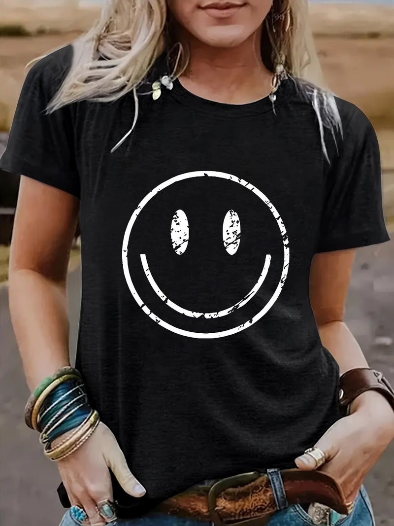 Summer Women'S Smiling Face Pattern Round Neck Short Sleeve Casual Fashion T-Shirt Women'S Explosive - Image 2