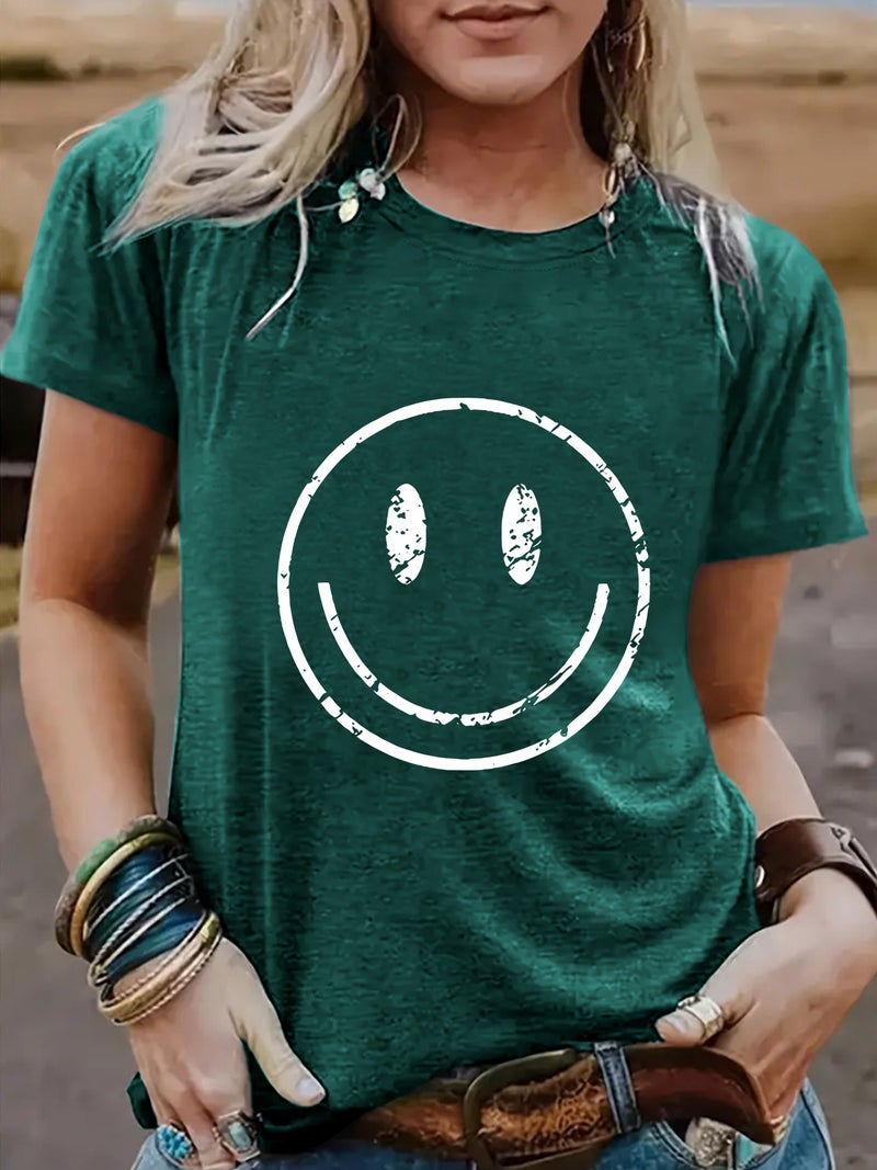 Summer Women'S Smiling Face Pattern Round Neck Short Sleeve Casual Fashion T-Shirt Women'S Explosive - Image 1