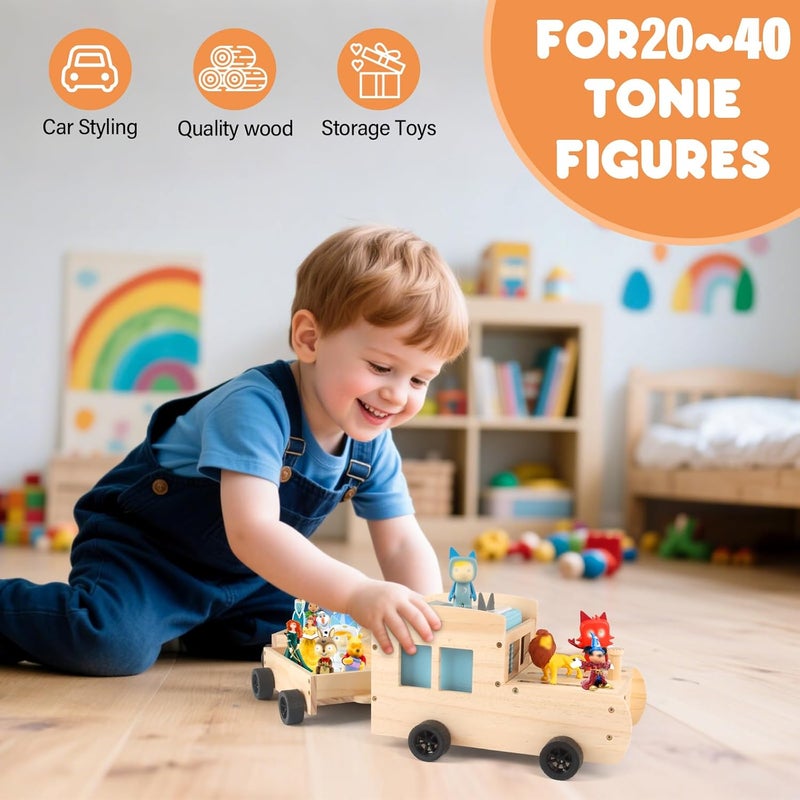 Taladad Storage  Play Car for Toniebox and Tonie Figures Storage Shelf Wooden Trailer Magnetic Shelves Compatible with Tonie Box Player Character for Children Room Natural Car - Image 4