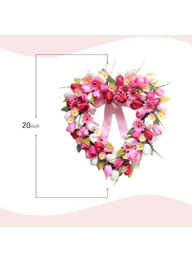Bibelot Valentine's Day Wreath, 20 Inch Heart Shaped Wreath for Front Door with Pink White Tulips, Artificial Flower Heart Wreaths for Wedding Anniversary Festival Decorations - Image 3