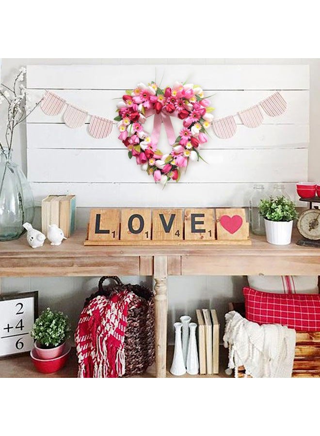 Bibelot Valentine's Day Wreath, 20 Inch Heart Shaped Wreath for Front Door with Pink White Tulips, Artificial Flower Heart Wreaths for Wedding Anniversary Festival Decorations - Image 2