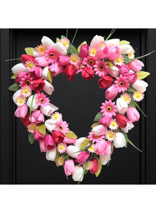 Bibelot Valentine's Day Wreath, 20 Inch Heart Shaped Wreath for Front Door with Pink White Tulips, Artificial Flower Heart Wreaths for Wedding Anniversary Festival Decorations - Image 1