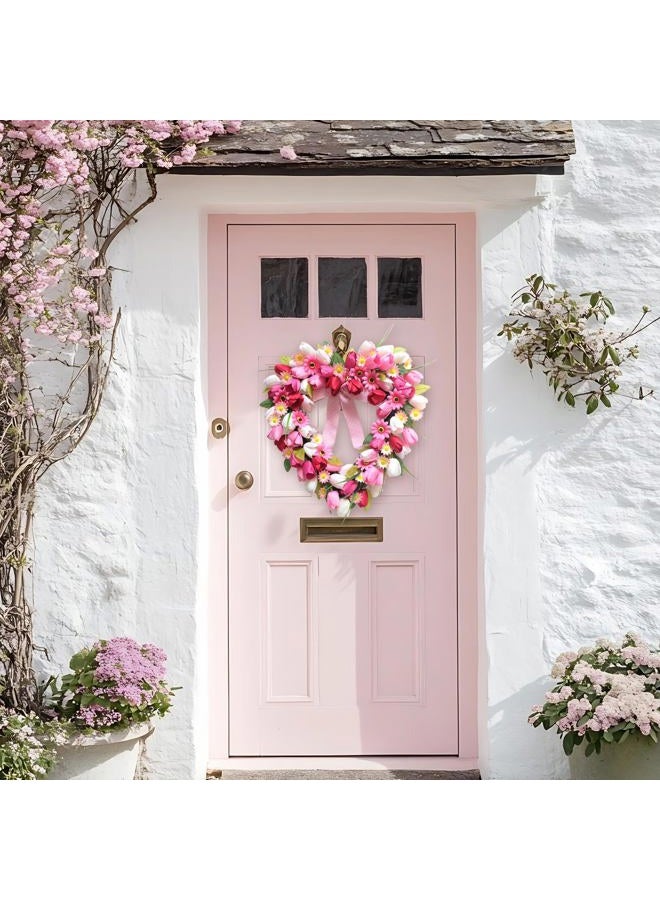 Bibelot Valentine's Day Wreath, 20 Inch Heart Shaped Wreath for Front Door with Pink White Tulips, Artificial Flower Heart Wreaths for Wedding Anniversary Festival Decorations - Image 5