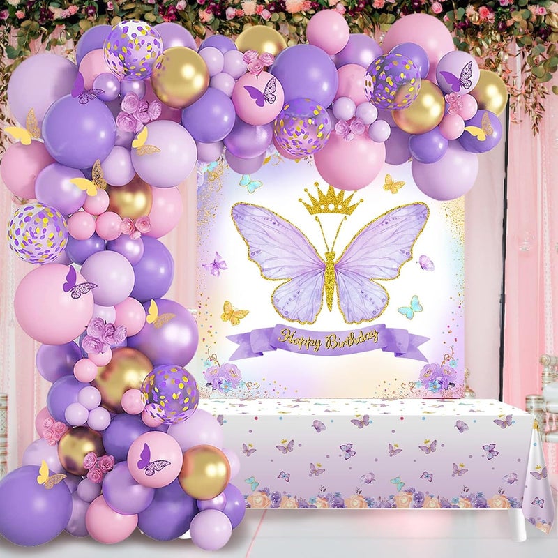 QIFU Butterfly Birthday Decorations for Girls - 101PCS Pink Purple Party Decorations include Balloons, Butterfly Stickers, Tablecloth and Happy Birthday Backdrop for Girls Women Princess Party Supplies - Image 5