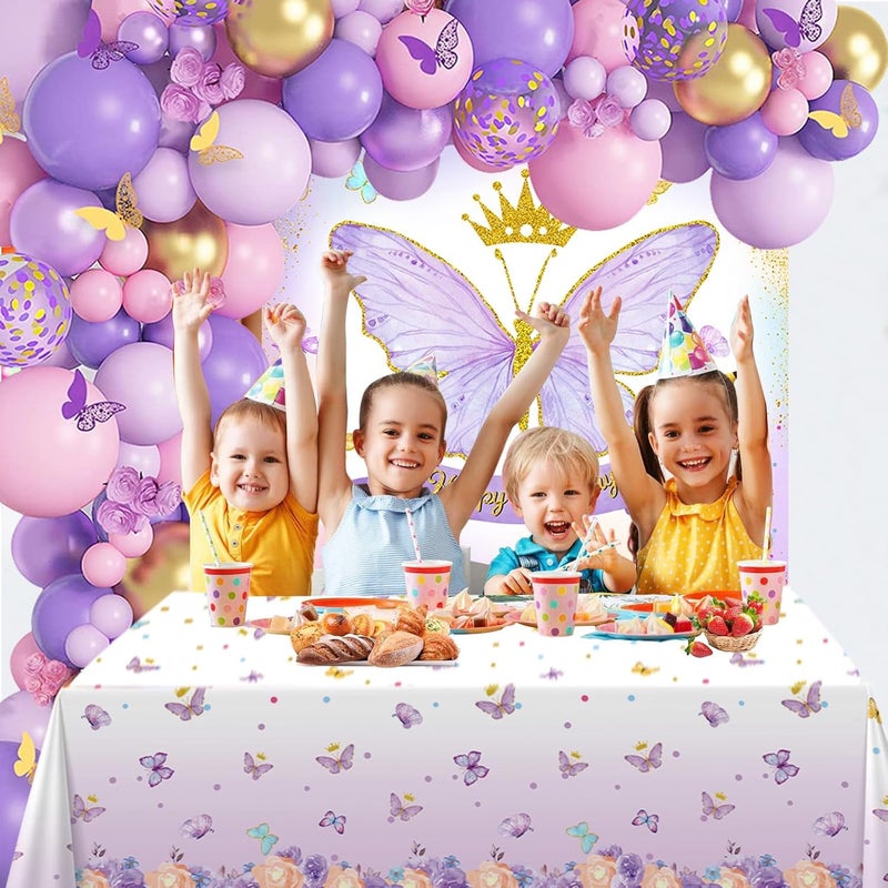 QIFU Butterfly Birthday Decorations for Girls - 101PCS Pink Purple Party Decorations include Balloons, Butterfly Stickers, Tablecloth and Happy Birthday Backdrop for Girls Women Princess Party Supplies - Image 2