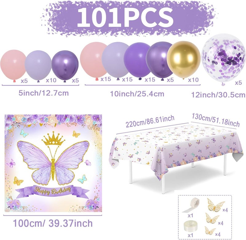 QIFU Butterfly Birthday Decorations for Girls - 101PCS Pink Purple Party Decorations include Balloons, Butterfly Stickers, Tablecloth and Happy Birthday Backdrop for Girls Women Princess Party Supplies - Image 3