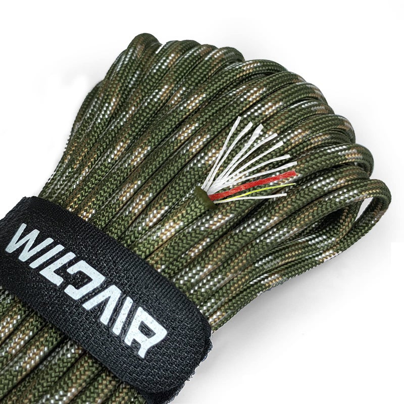 WILDAIR Survival Paracord Parachute Fire Cord Survival Ropes 4-in-1 5/32" Diameter U.S. Military Type III with Integrated Fishing Line, Fire-Starter Tinder (Forest Camo) - Image 1