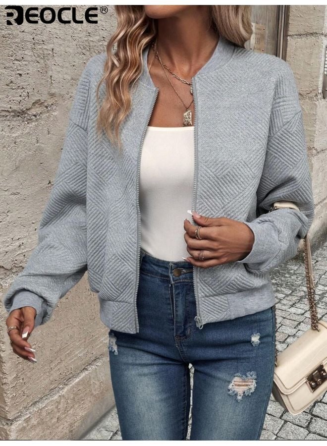 REOCLE Women's Cropped Knit Jacket with Zip Up Front and Long Sleeve Design Lightweight Baseball Coat with Loose Fit for Casual Layering - Image 1
