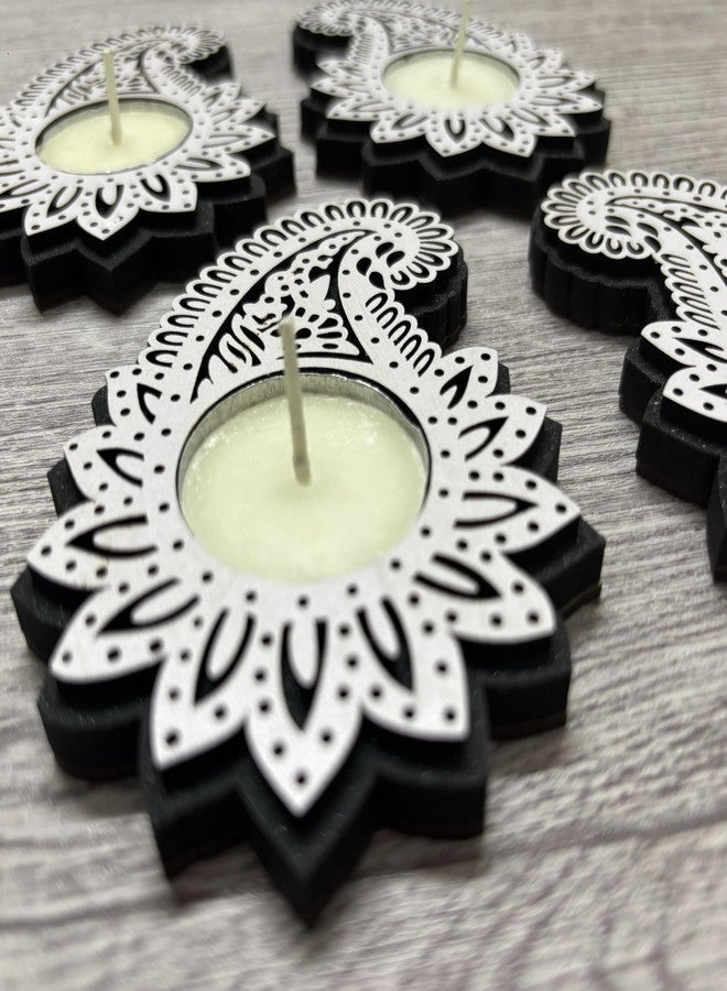 Picrazee Set of 4 Pcs Wooden Decorative Tea Light Candle Holders, Diya Stands, Tea Light Holders, Diwali Decoration Items for Home Decor (Paisley) - Image 5