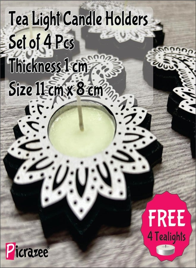 Picrazee Set of 4 Pcs Wooden Decorative Tea Light Candle Holders, Diya Stands, Tea Light Holders, Diwali Decoration Items for Home Decor (Paisley) - Image 2