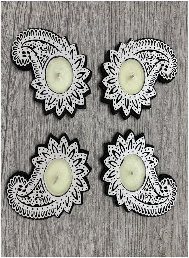 Picrazee Set of 4 Pcs Wooden Decorative Tea Light Candle Holders, Diya Stands, Tea Light Holders, Diwali Decoration Items for Home Decor (Paisley) - Image 3