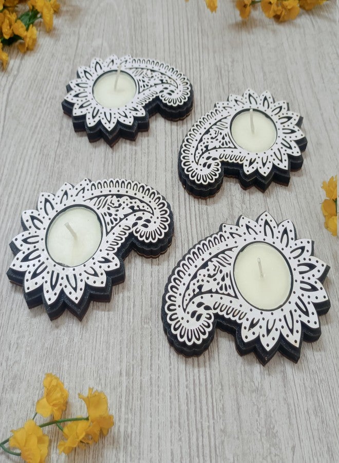 Picrazee Set of 4 Pcs Wooden Decorative Tea Light Candle Holders, Diya Stands, Tea Light Holders, Diwali Decoration Items for Home Decor (Paisley) - Image 1