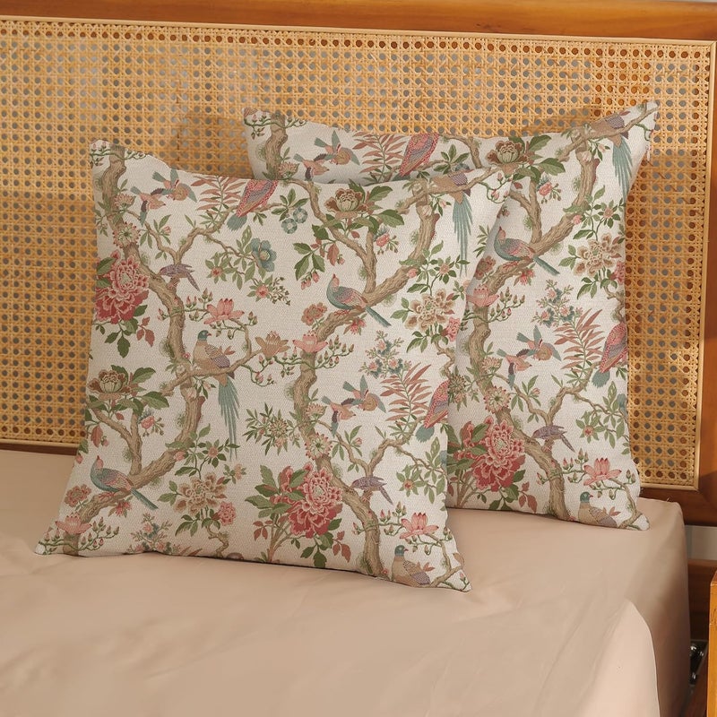 JEFERSO Pink Green Pillow Covers 18x18 Set of 2 Sage Green Floral Bird Chinoiserie Throw Pillows Vintage Flowers Bird Decorative Pillow Cases Linen Outdoor Farmhouse Cushion Case for Couch Sofa Decor - Image 2