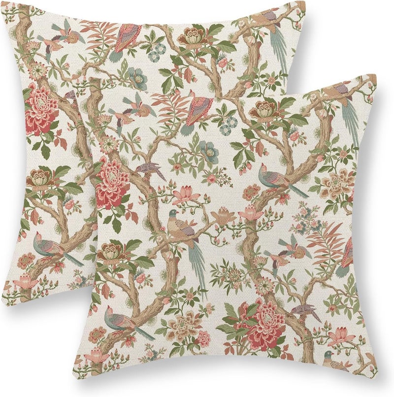 JEFERSO Pink Green Pillow Covers 18x18 Set of 2 Sage Green Floral Bird Chinoiserie Throw Pillows Vintage Flowers Bird Decorative Pillow Cases Linen Outdoor Farmhouse Cushion Case for Couch Sofa Decor - Image 1