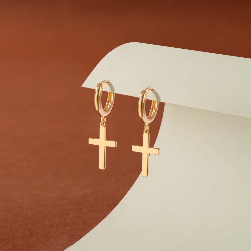 Fettero Gold Dangle Drop Hoop Earrings for Women Men Gold Plated Dainty Earrings Hypoallergenic Star Cross Huggie Hoops Jewelry for Everyday Wear - Image 4