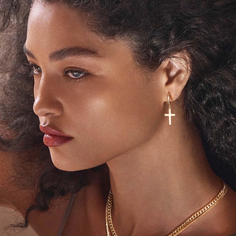 Fettero Gold Dangle Drop Hoop Earrings for Women Men Gold Plated Dainty Earrings Hypoallergenic Star Cross Huggie Hoops Jewelry for Everyday Wear - Image 2