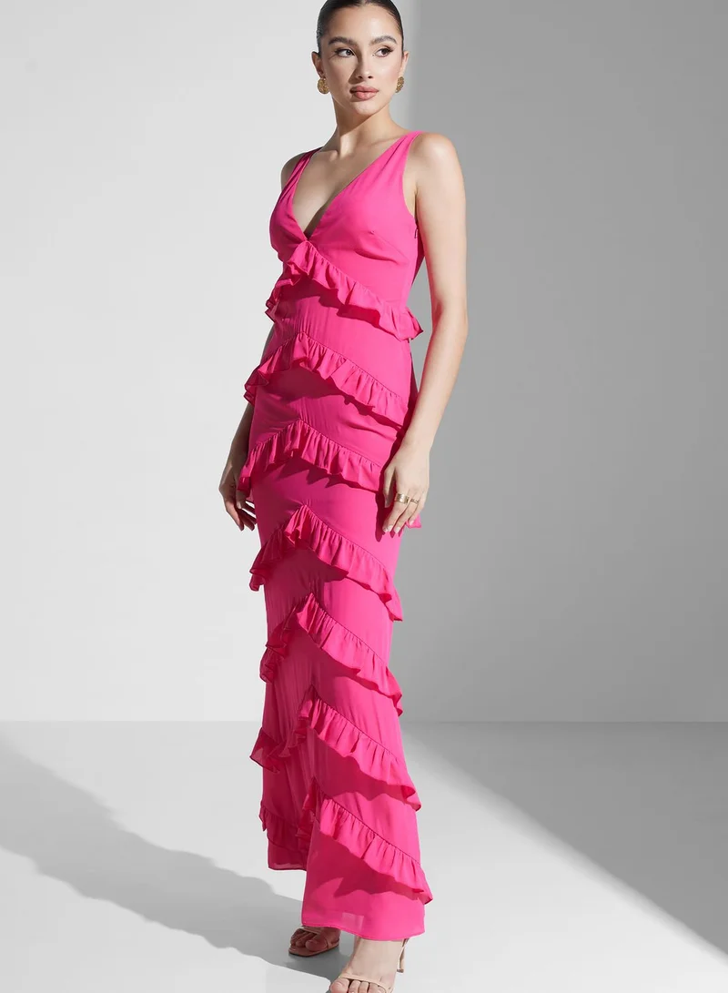 PRETTY LAVISH Plunge Neck Ruffle Dress