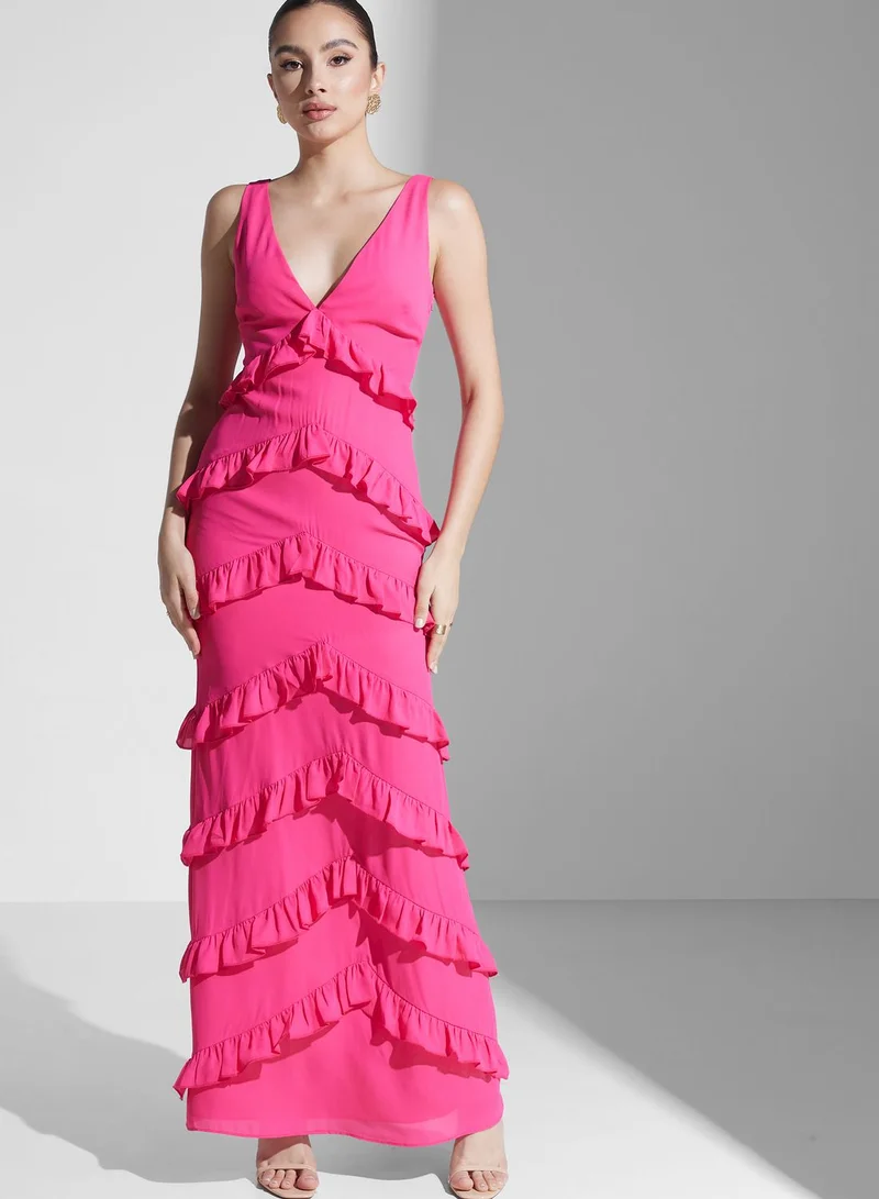 PRETTY LAVISH Plunge Neck Ruffle Dress