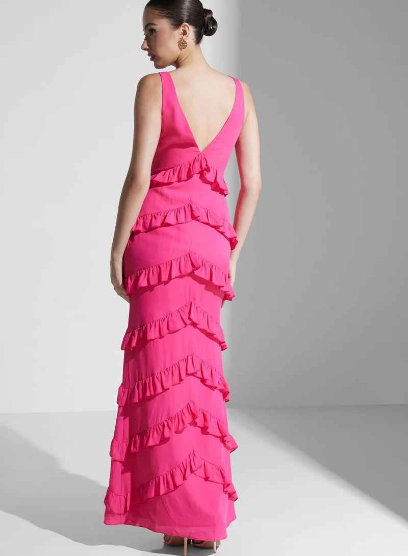 PRETTY LAVISH Plunge Neck Ruffle Dress