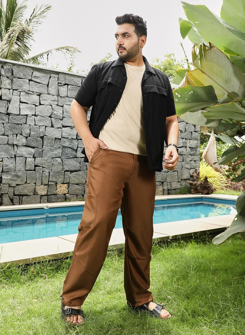 Instafab Plus Instafab Plus Men's Russet Brown Twill-Utility Parachute Trousers | Mid-Rise , Drawcord Hem , Button Closure | Solid Twill Polyester Blend Material For Street & Casual Wear