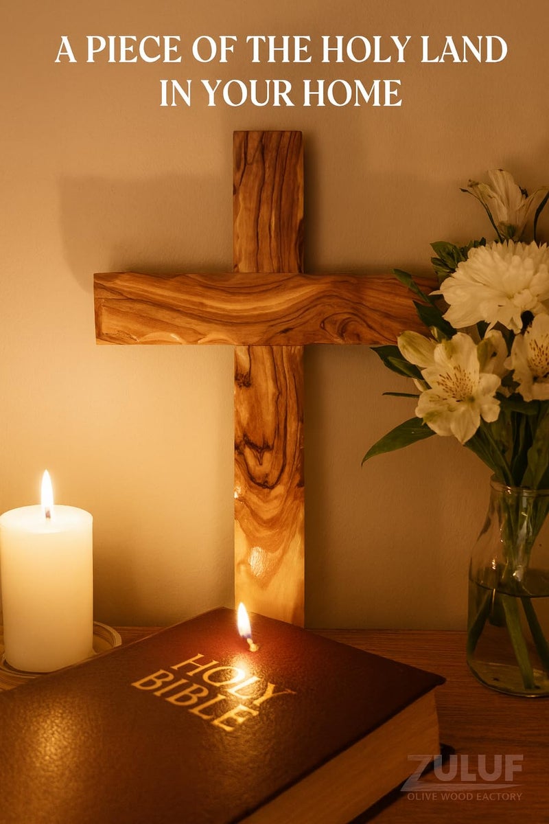 Zuluf Wooden Olivewood Plain Cross For Wall decor | Large Wall Cross Christian Religious Gift | Wall Art Home Room Décor | Jerusalem Decorative Wall Cross with Holy Land Certificate | 25cm / 9.8" - Image 3