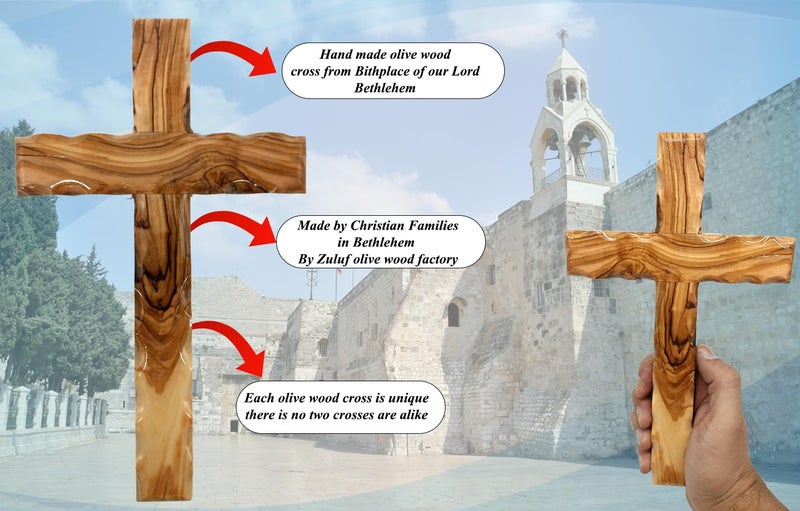 Zuluf Wooden Olivewood Plain Cross For Wall decor | Large Wall Cross Christian Religious Gift | Wall Art Home Room Décor | Jerusalem Decorative Wall Cross with Holy Land Certificate | 25cm / 9.8" - Image 2