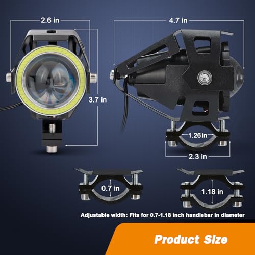 Mosleyz Motorcycle LED Fog Lights U7 Spotlight Daytime Running Lights with White Angel Eyes Halo Ring and Switch 2-Sets - Image 2